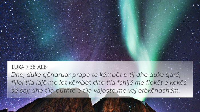 Luka 7:38 ALB 4K Wallpaper - Dhe, duke qëndruar prapa te këmbët e tij dhe - 4K Wallpaper Bible Verse