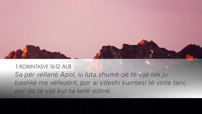 1 Korintasve 16:12 ALB Bible Verse Image