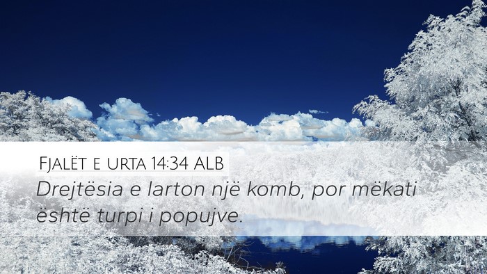 Fjalët e urta 14:34 ALB Desktop Wallpaper - Drejtësia e larton një komb, por mëkati - Desktop Bible Verse Wallpaper