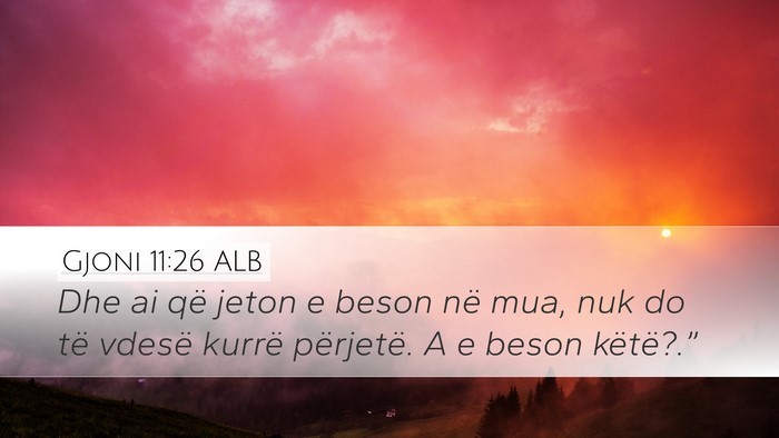 Gjoni 11:26 ALB Desktop Wallpaper - Dhe ai që jeton e beson në mua, nuk do të - Desktop Bible Verse Wallpaper