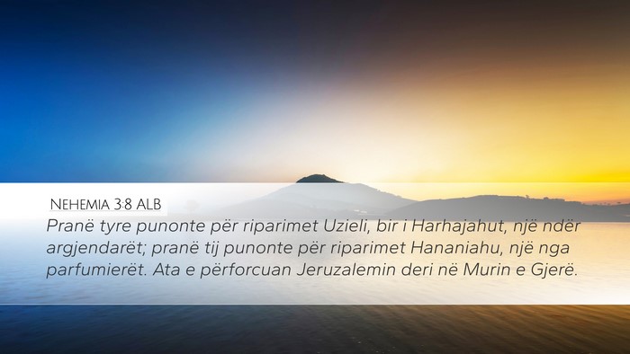 Nehemia 3:8 ALB Desktop Wallpaper - Pranë tyre punonte për riparimet Uzieli, bir i - Desktop Bible Verse Wallpaper