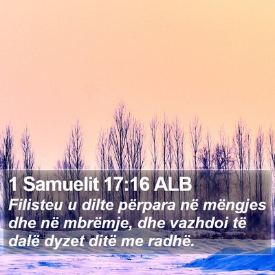 1 Samuelit 17:16 ALB Bible Verse Image