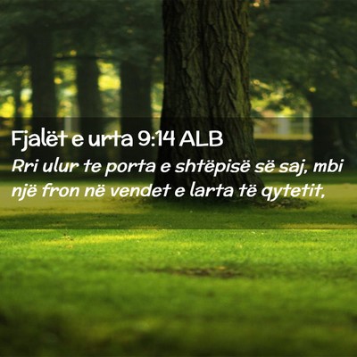 Picture 02 - Fjalët e urta 9:14 ALB - Rri ulur te porta e shtëpisë së saj, mbi një - Bible Verse Picture
