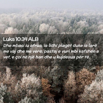 Picture 02 - Luka 10:34 ALB - Dhe mbasi iu afrua, ia lidhi plagët duke ia - Bible Verse Picture