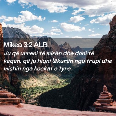 Picture 02 - Mikea 3:2 ALB - Ju që urreni të mirën dhe doni të keqen, që - Bible Verse Picture