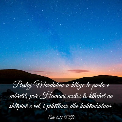 Picture 03 - Ester 6:12 ALB - Pastaj Mardokeu u kthye te porta e mbretit, por - Bible Verse Picture