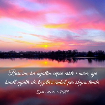 Picture 03 - Fjalët e urta 24:13 ALB - Biri im, ha mjaltin sepse është i mirë; një - Bible Verse Picture