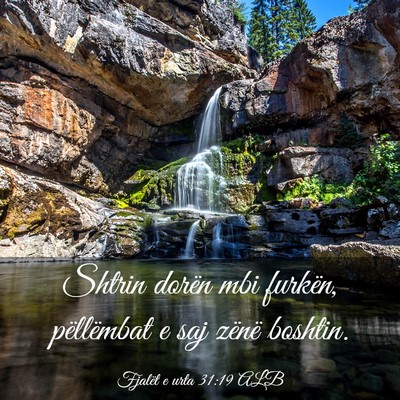 Picture 03 - Fjalët e urta 31:19 ALB - Shtrin dorën mbi furkën, pëllëmbat e saj - Bible Verse Picture