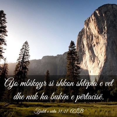 Picture 03 - Fjalët e urta 31:27 ALB - Ajo mbikqyr si shkon shtëpia e vet dhe nuk ha - Bible Verse Picture