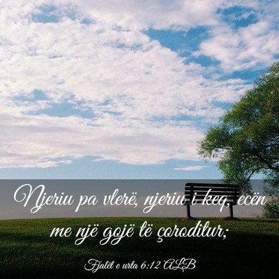 Picture 03 - Fjalët e urta 6:12 ALB - Njeriu pa vlerë, njeriu i keq, ecën me një - Bible Verse Picture