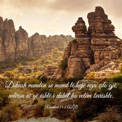 Picture 03 - Romakëve 14:2 ALB - Dikush mendon se mund të hajë nga çdo gjë, - Bible Verse Picture
