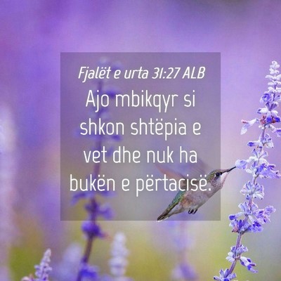 Picture 04 - Fjalët e urta 31:27 ALB - Ajo mbikqyr si shkon shtëpia e vet dhe nuk ha - Bible Verse Picture