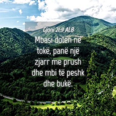 Picture 04 - Gjoni 21:9 ALB - Mbasi dolën në tokë, panë një zjarr me prush - Bible Verse Picture
