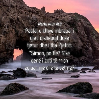 Picture 04 - Marku 14:37 ALB - Pastaj u kthye mbrapa, i gjeti dishepujt duke - Bible Verse Picture