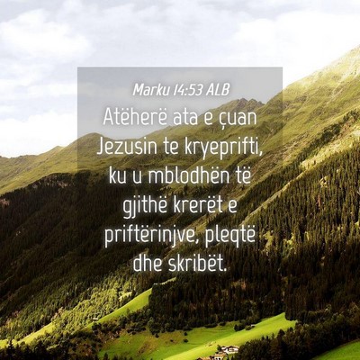 Picture 04 - Marku 14:53 ALB - Atëherë ata e çuan Jezusin te kryeprifti, ku u - Bible Verse Picture