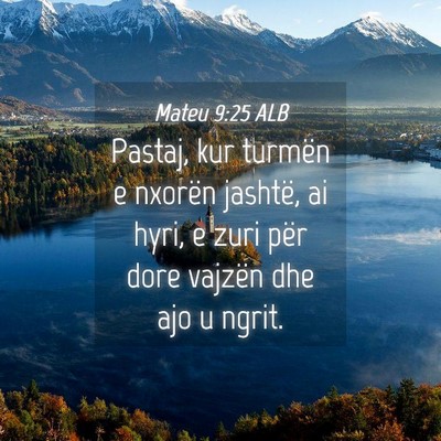 Picture 04 - Mateu 9:25 ALB - Pastaj, kur turmën e nxorën jashtë, ai hyri, e - Bible Verse Picture