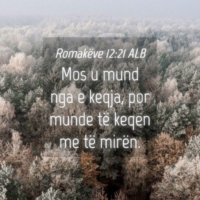 Picture 04 - Romakëve 12:21 ALB - Mos u mund nga e keqja, por munde të keqen me - Bible Verse Picture