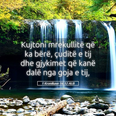 Picture 05 - 1 Kronikave 16:12 ALB - Kujtoni mrekullitë që ka bërë, çuditë e tij - Bible Verse Picture