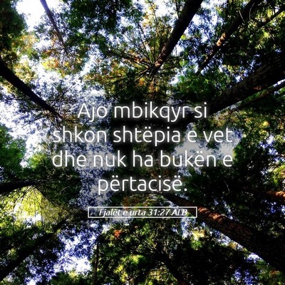 Picture 05 - Fjalët e urta 31:27 ALB - Ajo mbikqyr si shkon shtëpia e vet dhe nuk ha - Bible Verse Picture