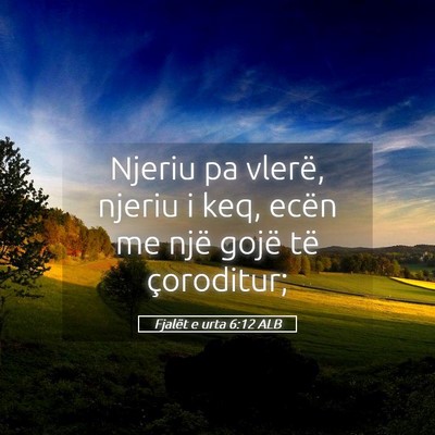 Picture 05 - Fjalët e urta 6:12 ALB - Njeriu pa vlerë, njeriu i keq, ecën me një - Bible Verse Picture