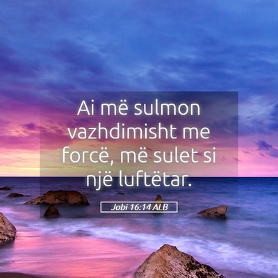 Picture 05 - Jobi 16:14 ALB - Ai më sulmon vazhdimisht me forcë, më sulet si - Bible Verse Picture