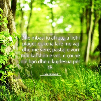 Picture 05 - Luka 10:34 ALB - Dhe mbasi iu afrua, ia lidhi plagët duke ia - Bible Verse Picture