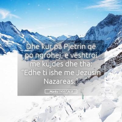 Picture 05 - Marku 14:67 ALB - Dhe kur pa Pjetrin që po ngrohej, e vështroi me - Bible Verse Picture
