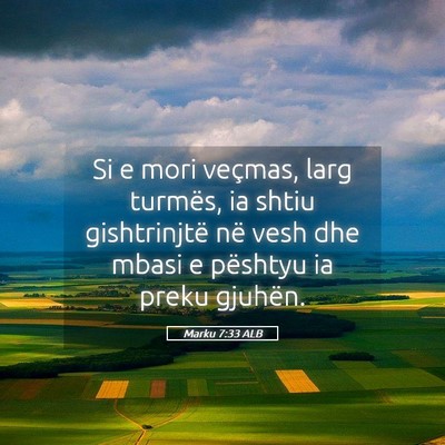 Picture 05 - Marku 7:33 ALB - Si e mori veçmas, larg turmës, ia shtiu - Bible Verse Picture
