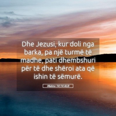 Picture 05 - Mateu 14:14 ALB - Dhe Jezusi, kur doli nga barka, pa një turmë - Bible Verse Picture