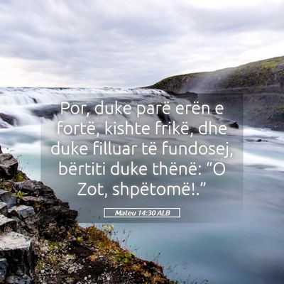 Picture 05 - Mateu 14:30 ALB - Por, duke parë erën e fortë, kishte frikë, - Bible Verse Picture