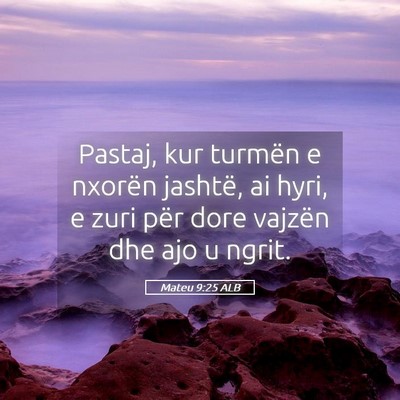 Picture 05 - Mateu 9:25 ALB - Pastaj, kur turmën e nxorën jashtë, ai hyri, e - Bible Verse Picture