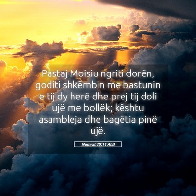 Picture 05 - Numrat 20:11 ALB - Pastaj Moisiu ngriti dorën, goditi shkëmbin me - Bible Verse Picture