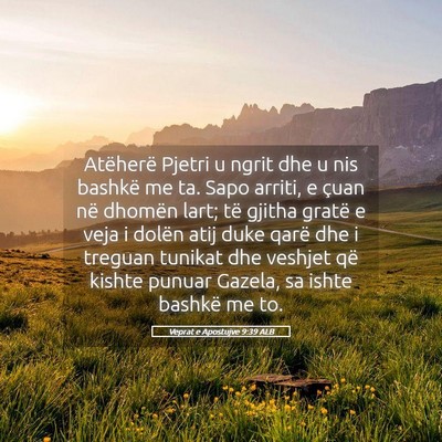 Picture 05 - Veprat e Apostujve 9:39 ALB - Atëherë Pjetri u ngrit dhe u nis bashkë me ta. - Bible Verse Picture
