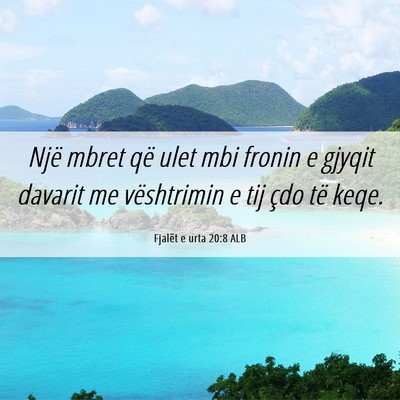 Picture 06 - Fjalët e urta 20:8 ALB - Një mbret që ulet mbi fronin e gjyqit davarit - Bible Verse Picture