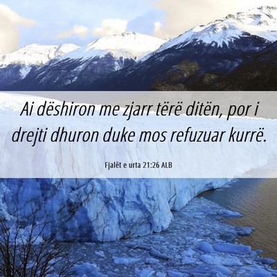 Picture 06 - Fjalët e urta 21:26 ALB - Ai dëshiron me zjarr tërë ditën, por i drejti - Bible Verse Picture