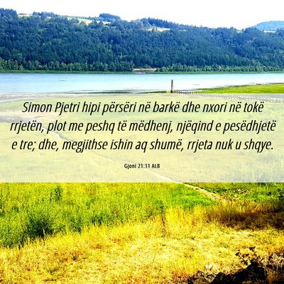 Picture 06 - Gjoni 21:11 ALB - Simon Pjetri hipi përsëri në barkë dhe nxori - Bible Verse Picture
