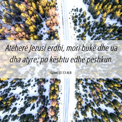 Picture 06 - Gjoni 21:13 ALB - Atëherë Jezusi erdhi, mori bukë dhe ua dha - Bible Verse Picture
