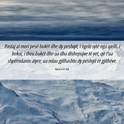 Picture 06 - Marku 6:41 ALB - Pastaj ai mori pesë bukët dhe dy peshqit, i - Bible Verse Picture