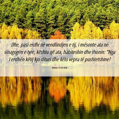 Picture 06 - Mateu 13:54 ALB - Dhe, pasi erdhi në vendlindjen e tij, i mësonte - Bible Verse Picture