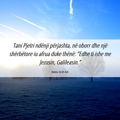Picture 06 - Mateu 26:69 ALB - Tani Pjetri ndënji përjashta, në oborr dhe - Bible Verse Picture