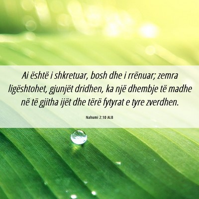Picture 06 - Nahumi 2:10 ALB - Ai është i shkretuar, bosh dhe i rrënuar; - Bible Verse Picture