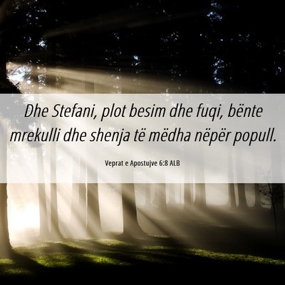 Picture 06 - Veprat e Apostujve 6:8 ALB - Dhe Stefani, plot besim dhe fuqi, bënte mrekulli - Bible Verse Picture