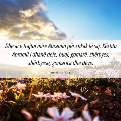Picture 06 - Zanafilla 12:16 ALB - Dhe ai e trajtoi mirë Abramin për shkak të - Bible Verse Picture
